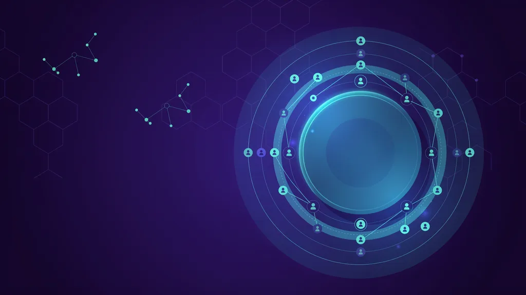 An abstract teal lens at the center of concentric rings of connected user nodes, representing a map of who can access what in a Salesforce org.