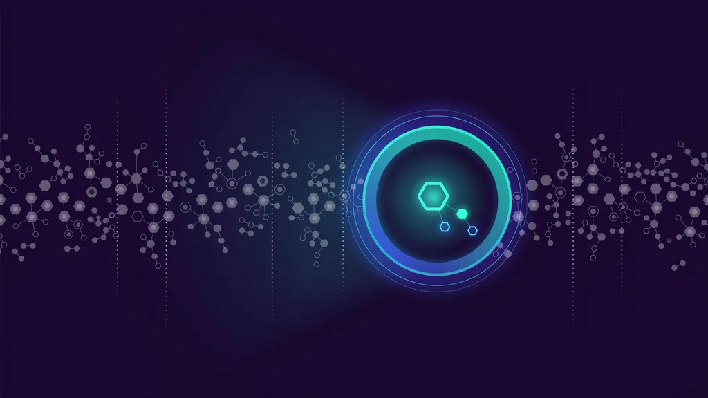 An abstract illustration of a teal lens resolving a single record out of many connected nodes, in indigo and teal.