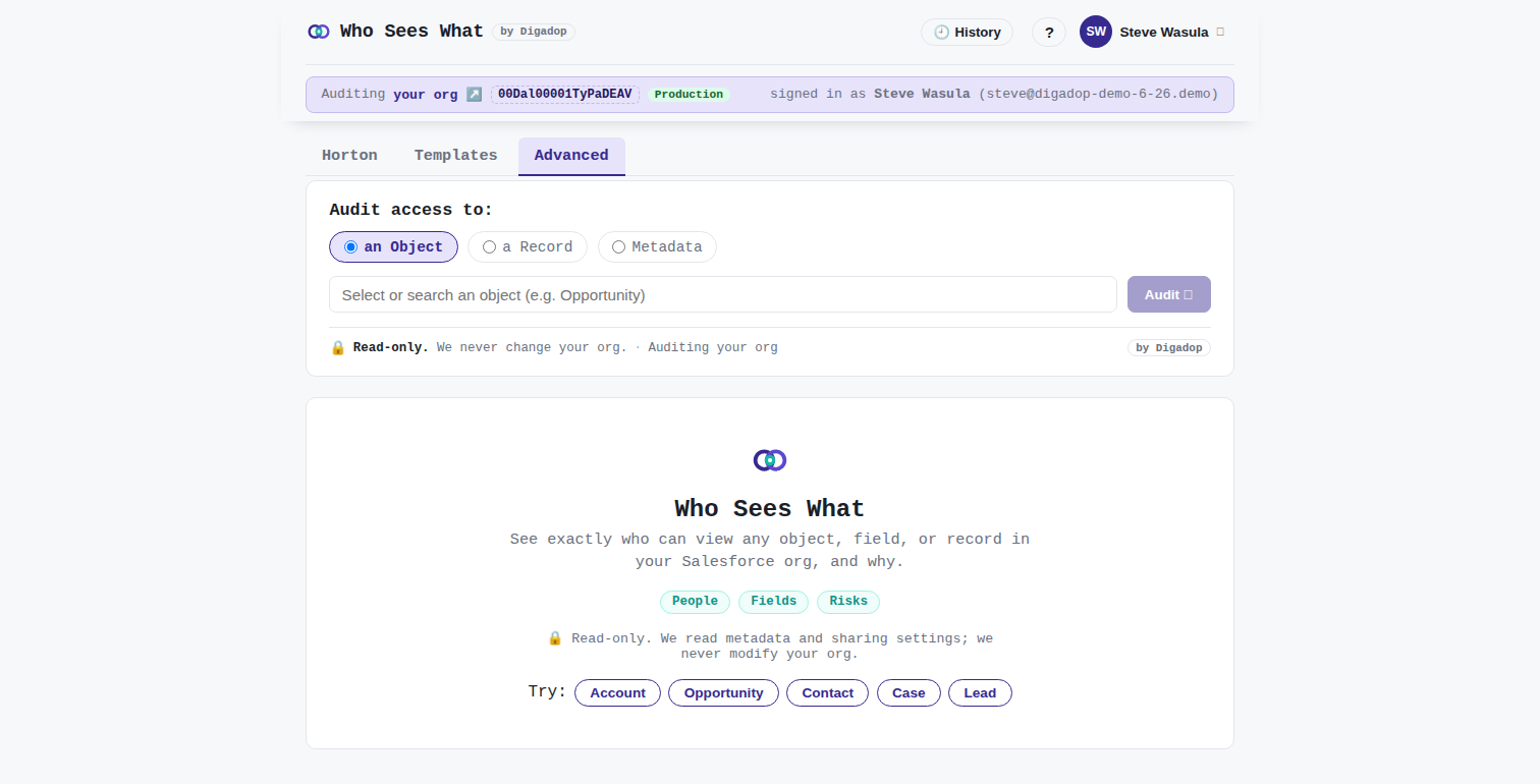Who Sees What advanced audit builder: choose to audit an object, a record, or metadata, with a read-only badge and object search.